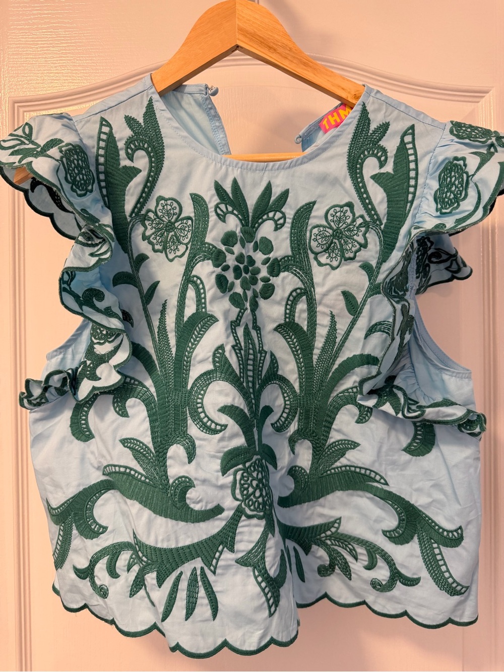THML Embroidered Flutter Sleeve Top - Aqua Teal, small - Picture 2 of 4
